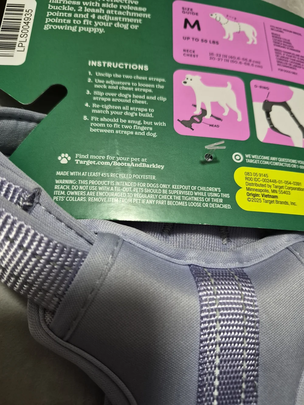 Boots & Barkley Pink and Green Dog Harness Packaging Size M